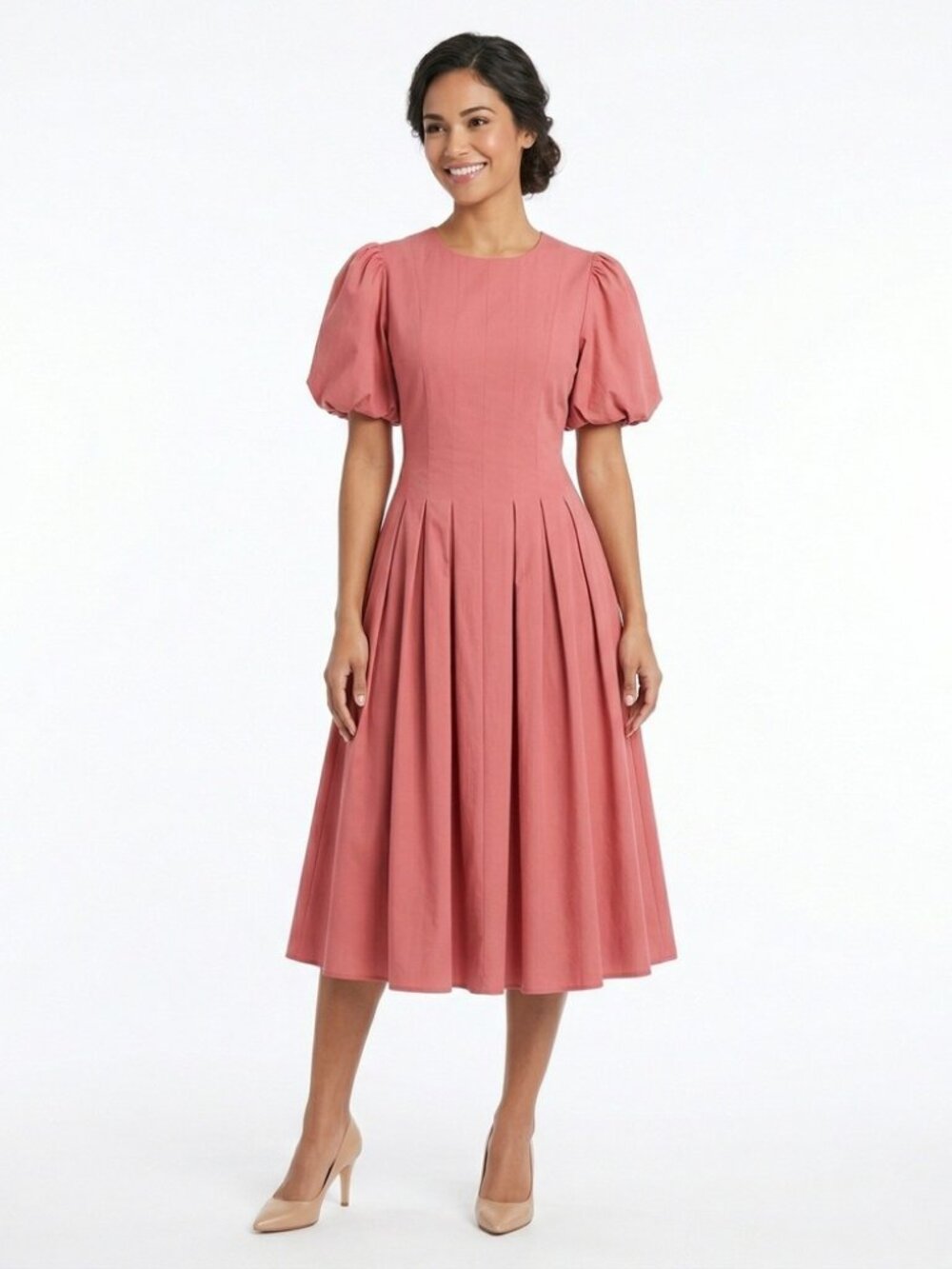 Eri + Ali Crimson Cotton Puff Sleeve Pleated Midi Dress NWT Size 4 TY50849-C